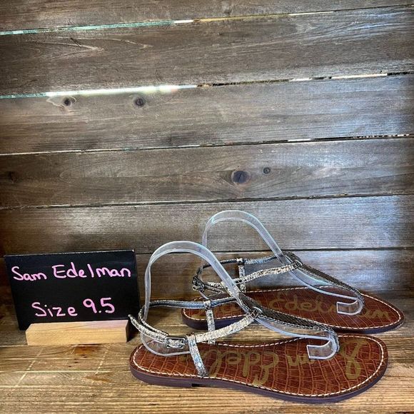 Womens Sam Edelman Gigi Gray Leather‎ Sandals Scale Print Strappy Size 9.5 M GUC - Picture 1 of 6
